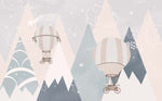 Tapet Personalizat Inspiratie Scandinava pentru Copii cu munti abstracti in nuante de albastru si baloane cu aer cald - BLUE MOUNTAIN STARS