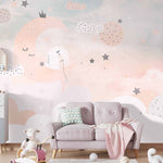 Tapet Personalizat Inspiratie Scandinava pentru Copii cu luna si stele pe cerul trandafiriu - LIGHT PEACH MOON