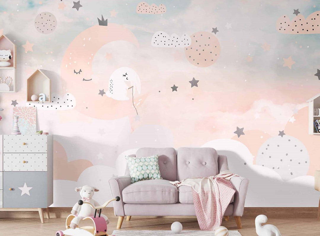 Tapet Personalizat Inspiratie Scandinava pentru Copii cu luna si stele pe cerul trandafiriu - LIGHT PEACH MOON