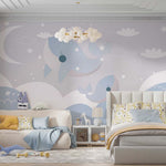 Tapet Personalizat Inspiratie Scandinava pentru Copii cu balene albastre si cer instelat - BLUE BABY WHALES