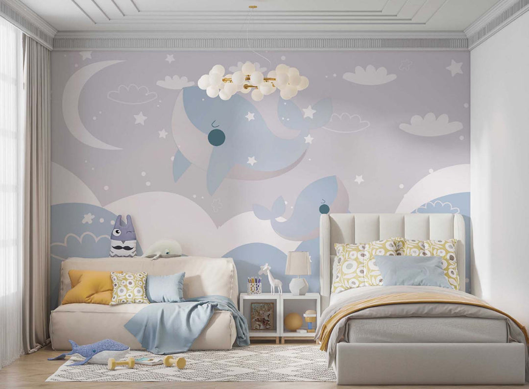 Tapet Personalizat Inspiratie Scandinava pentru Copii cu balene albastre si cer instelat - BLUE BABY WHALES