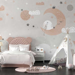 Tapet Personalizat Inspiratie Scandinava pentru Copii cu iepuras pe luna in nuante de gri si portocaliu - BUNNY ON THE MOON