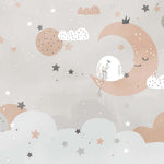 Tapet Personalizat Inspiratie Scandinava pentru Copii cu iepuras pe luna in nuante de gri si portocaliu - BUNNY ON THE MOON