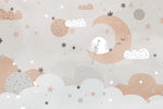 Tapet Personalizat Inspiratie Scandinava pentru Copii cu iepuras pe luna in nuante de gri si portocaliu - BUNNY ON THE MOON