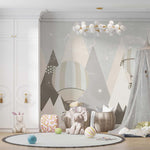 Tapet Personalizat Inspiratie Scandinava pentru Copii cu munti si baloane cu aer cald in nuante de bej gri - GREJ BALLOONS MOUNTAINS