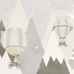 Tapet Personalizat Inspiratie Scandinava pentru Copii cu munti si baloane cu aer cald in nuante de bej gri - GREJ BALLOONS MOUNTAINS