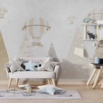 Tapet Personalizat Inspiratie Scandinava pentru Copii cu munti instelati si baloane cu aer cald in nuante de bej - STARRY MOUNTAINS BEIGE