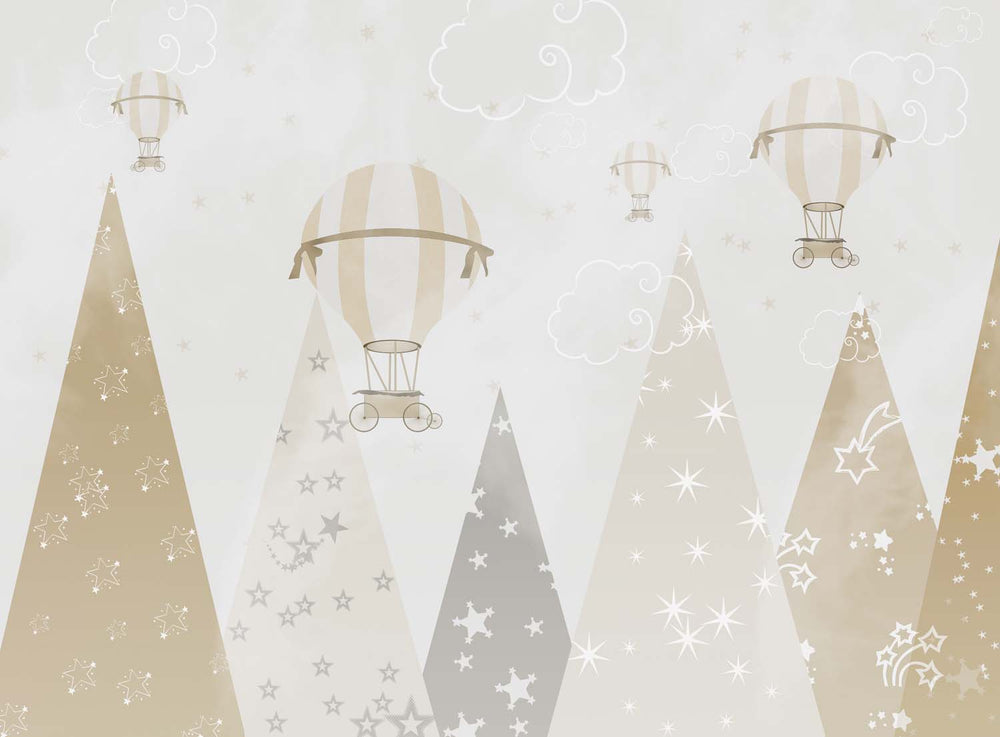 Tapet Personalizat Inspiratie Scandinava pentru Copii cu munti instelati si baloane cu aer cald in nuante de bej - STARRY MOUNTAINS BEIGE