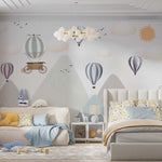 Tapet Personalizat Inspiratie Scandinava pentru Copii cu munti gri si baloane cu aer cald colorate - 3D HOT AIR BALLOON