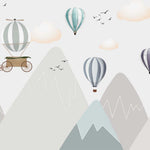 Tapet Personalizat Inspiratie Scandinava pentru Copii cu munti gri si baloane cu aer cald colorate - 3D HOT AIR BALLOON