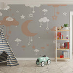 Tapet Personalizat Inspiratie Scandinava pentru Copii cu luna si stelele pe fundal gri - GREY SLEEPY TIME