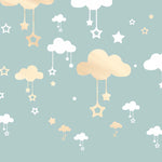 Tapet Personalizat Inspiratie Scandinava pentru Copii cu norisori aurii si stele pe fundal verde - GOLDEN CLOUDS