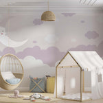 Tapet Personalizat Inspiratie Scandinava pentru Copii cu luna si nori in nuante de mov - MAUVE NAP TIME