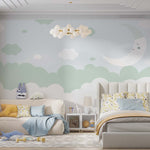 Tapet Personalizat Inspiratie Scandinava pentru Copii cu luna si nori in nuante de verde - SAGE GREEN SLEEP
