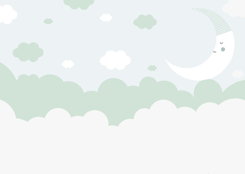 Tapet Personalizat Inspiratie Scandinava pentru Copii cu luna si nori in nuante de verde - SAGE GREEN SLEEP