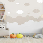 Tapet Personalizat Inspiratie Scandinava pentru Copii cu nori in nuante de bej si alb - BEIGE SLEEPY CLOUDS