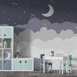 Tapet Personalizat Inspiratie Scandinava pentru Copii cu luna, nori si telute in nuante de albastru indigo - STARRY NIGHT NURSERY