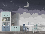 Tapet Personalizat Inspiratie Scandinava pentru Copii cu luna, nori si telute in nuante de albastru indigo - STARRY NIGHT NURSERY