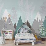 Tapet Personalizat Inspiratie Scandinava pentru Copii cu munti si brazi abstracti in nuante de verde si gri - SNOWY FOREST MOUNTAINS