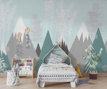 Tapet Personalizat Inspiratie Scandinava pentru Copii cu munti si brazi abstracti in nuante de verde si gri - SNOWY FOREST MOUNTAINS