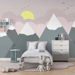 Tapet Personalizat Inspiratie Scandinava pentru Copii cu munti gri si nori roz - PINK SUNSET MOUNTAINS