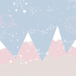Tapet Personalizat Inspiratie Scandinava pentru Copii cu munti roz, cer albastru, planete si constelatii - PINK STARRY MOUNTAINS