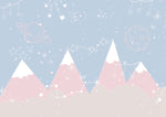 Tapet Personalizat Inspiratie Scandinava pentru Copii cu munti roz, cer albastru, planete si constelatii - PINK STARRY MOUNTAINS