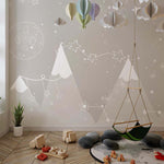 Tapet Personalizat Inspiratie Scandinava pentru Copii cu munti bej, planete si constelatii albe - BEIGE STARRY MOUNTAINS