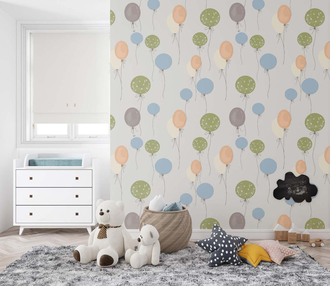 Tapet Personalizat Inspiratie Scandinava pentru Copii cu pattern de baloane in nuante de verde, albastru si portocaliu - COLORFUL BALLOONS PATTERN