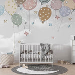 Tapet Personalizat Inspiratie Scandinava pentru Copii cu baloane de petrecere si stelute colorate pe fundal gri - STAR BALLOONS GREY