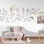 Tapet Personalizat Inspiratie Scandinava pentru Copii cu flori salbatice in nuante de roz si panou alb de lemn - WAINSCOT FLOWERS