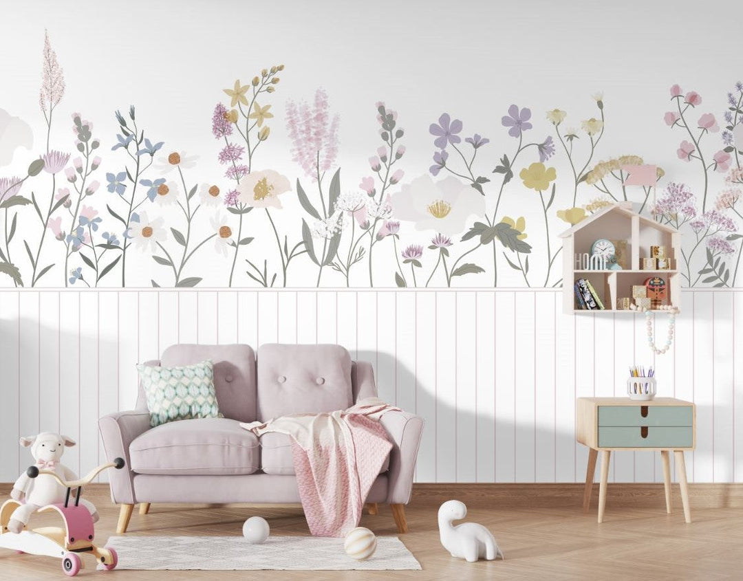 Tapet Personalizat Inspiratie Scandinava pentru Copii cu flori salbatice in nuante de roz si panou alb de lemn - WAINSCOT FLOWERS