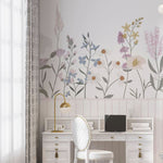 Tapet Personalizat Inspiratie Scandinava pentru Copii cu flori salbatice in nuante de roz si panou alb de lemn - WAINSCOT FLOWERS