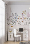 Tapet Personalizat Inspiratie Scandinava pentru Copii cu flori salbatice in nuante de roz si panou alb de lemn - WAINSCOT FLOWERS