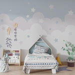 Tapet Personalizat Inspiratie Scandinava pentru Copii cu nori gri si stelute - STARRY CLOUDS