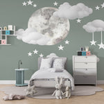 Tapet Personalizat Inspiratie Scandinava pentru Copii cu luna pictata in stil watercolor pe un fundal verde cu nori si stele - WATERCOLOR MOON