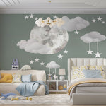 Tapet Personalizat Inspiratie Scandinava pentru Copii cu luna pictata in stil watercolor pe un fundal verde cu nori si stele - WATERCOLOR MOON