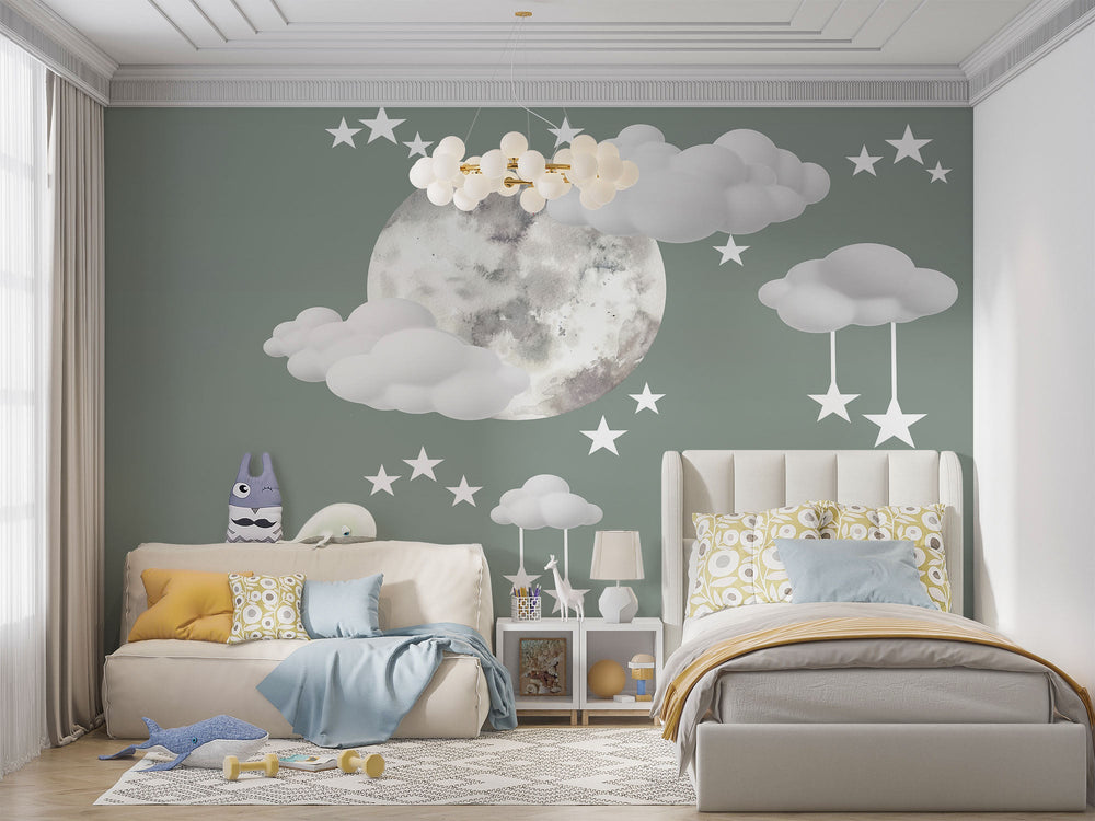 Tapet Personalizat Inspiratie Scandinava pentru Copii cu luna pictata in stil watercolor pe un fundal verde cu nori si stele - WATERCOLOR MOON