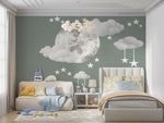 Tapet Personalizat Inspiratie Scandinava pentru Copii cu luna pictata in stil watercolor pe un fundal verde cu nori si stele - WATERCOLOR MOON