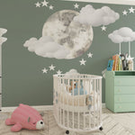 Tapet Personalizat Inspiratie Scandinava pentru Copii cu luna pictata in stil watercolor pe un fundal verde cu nori si stele - WATERCOLOR MOON