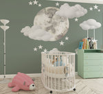 Tapet Personalizat Inspiratie Scandinava pentru Copii cu luna pictata in stil watercolor pe un fundal verde cu nori si stele - WATERCOLOR MOON