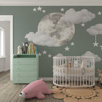 Tapet Personalizat Inspiratie Scandinava pentru Copii cu luna pictata in stil watercolor pe un fundal verde cu nori si stele - WATERCOLOR MOON