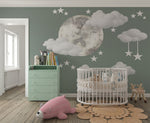 Tapet Personalizat Inspiratie Scandinava pentru Copii cu luna pictata in stil watercolor pe un fundal verde cu nori si stele - WATERCOLOR MOON