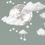 Tapet Personalizat Inspiratie Scandinava pentru Copii cu luna pictata in stil watercolor pe un fundal verde cu nori si stele - WATERCOLOR MOON