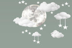 Tapet Personalizat Inspiratie Scandinava pentru Copii cu luna pictata in stil watercolor pe un fundal verde cu nori si stele - WATERCOLOR MOON