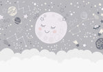 Tapet Personalizat Inspiratie Scandinava pentru Copii cu luna, planete, stele si constelatii in nuante de gri - MOON CONSTELLATIONS