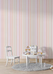 Tapet Personalizat Inspiratie Scandinava pentru Copii cu perete multicolor in dungi pastel - PASTEL TICKING STRIPE