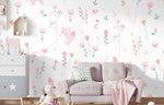 Tapet Personalizat Inspiratie Scandinava pentru Copii cu pattern de flori, pasari si vulpi roz pe fundal alb - LITTLE PINK FOXES
