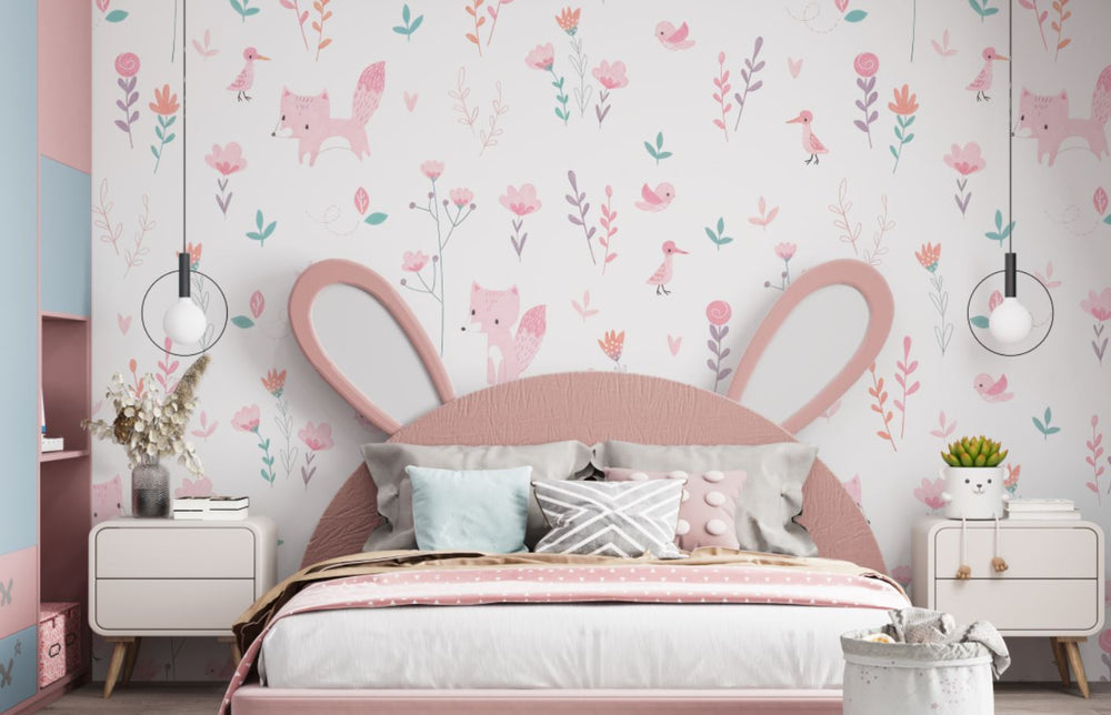 Tapet Personalizat Inspiratie Scandinava pentru Copii cu pattern de flori, pasari si vulpi roz pe fundal alb - LITTLE PINK FOXES