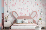 Tapet Personalizat Inspiratie Scandinava pentru Copii cu pattern de flori, pasari si vulpi roz pe fundal alb - LITTLE PINK FOXES
